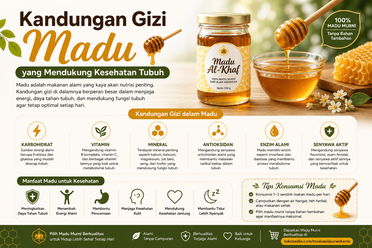 buatkan gambar untuk article website madu saya berjudul Kandungan Gizi Madu yang Mendukung Kesehatan Tubuh